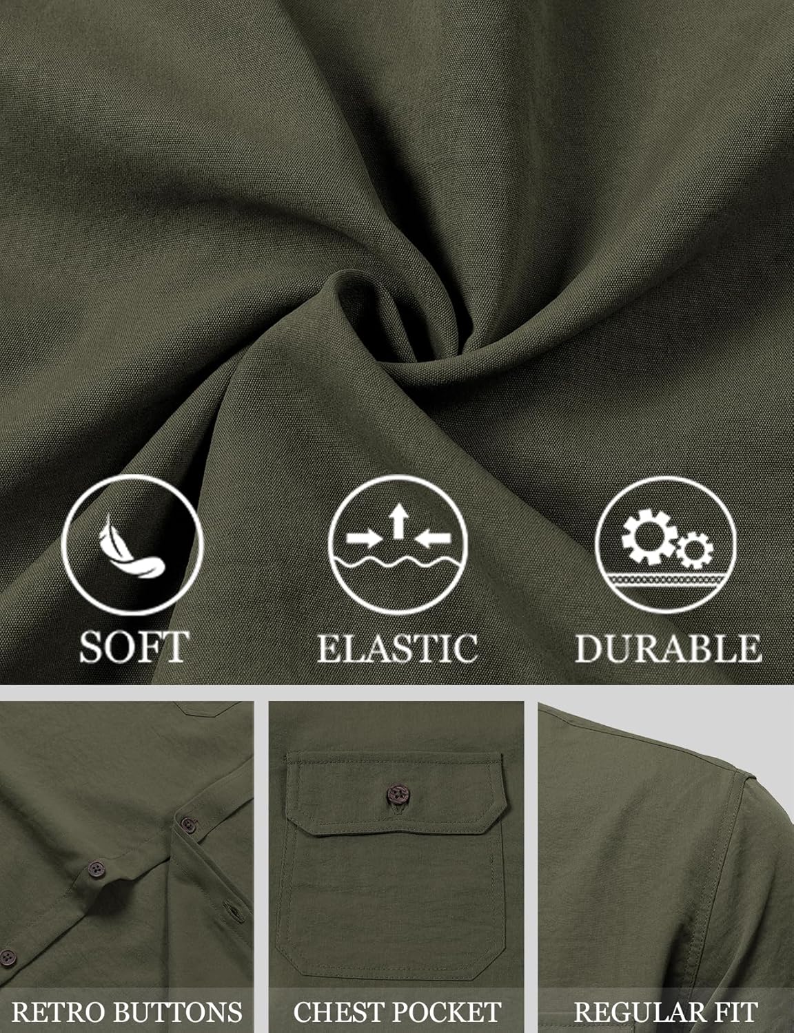 JEMITOP Men's Casual Stretch Regular Fit Shirt Button Down Short Sleeve Work Shirts with Two Pockets