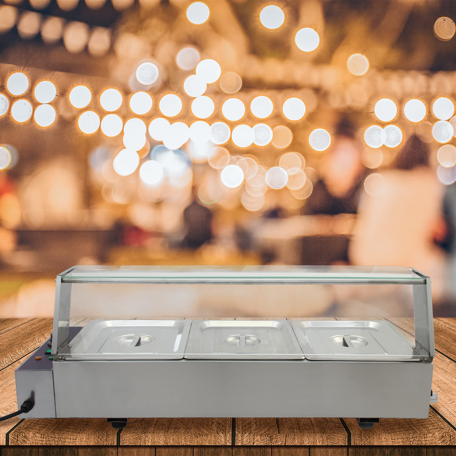 Vitrina Calienta Comida Eléctrica+3 Sártenes con Tapas de Acero Inoxidable (Capacidad 3 x 5.5L) Incluidas Calientaplatos Servidor Buffet Comida Caliente 2 Años Garantía para Cocinas Restaurantes Bares