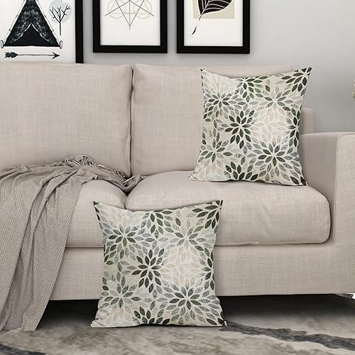 Miniatura 8 de Juego de 2 fundas de almohada de dalia verde oliva de 18 x 18 pulgadas, fundas de almohada cuadradas decorativas con flores geométricas rústicas,