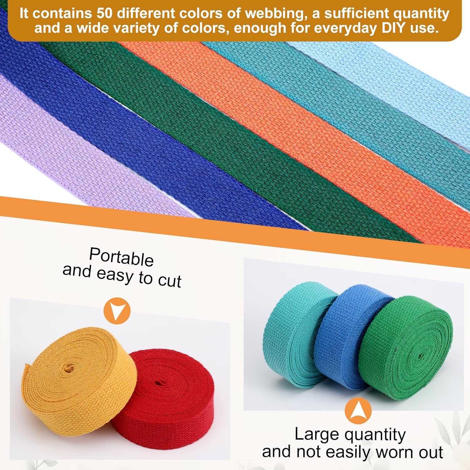 SHENLIU 50 Rolls 1 Inch Heavy Cotton Webbing, 165 Yard 50 Color Polyester Cotton Tote Bag Webbing Strap for Making Bag Handles Cloth Belt Crafts Outdoor Accessories Supplies