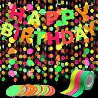 Gleemix Neon Happy Birthday Girland 4 m, Foszforeszkáló Pontok Dekoráció, Születésnapi Banner, UV Fekete Fény Party Kellék 7