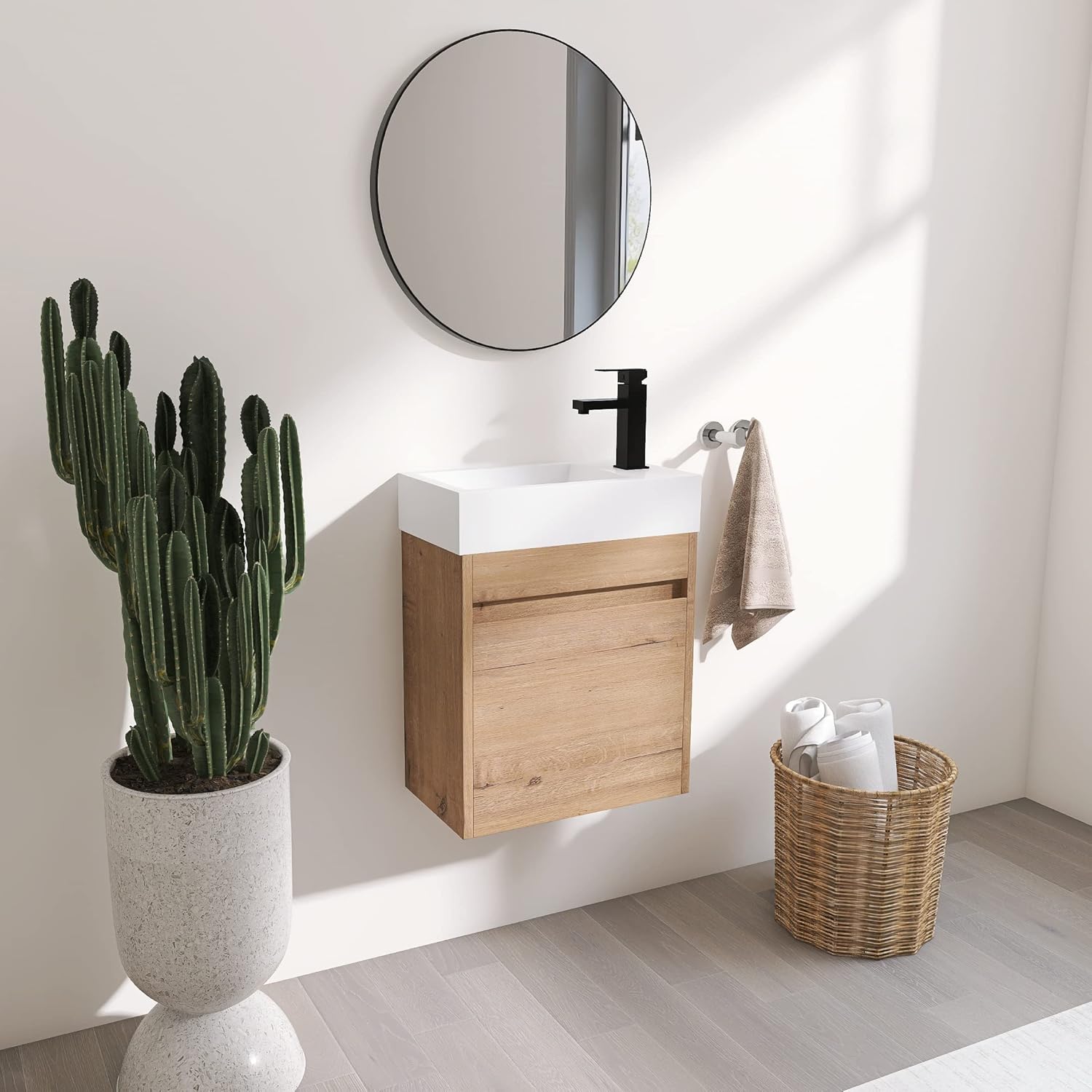 18" Bathroom Vanity with Sink, 18 Inch Floating Vanity for Small Space, Modern Single Sink Bathroom Vanity Combo, Brown Wall Mounted Storage Cabinet Set (Imitative Oak-005)