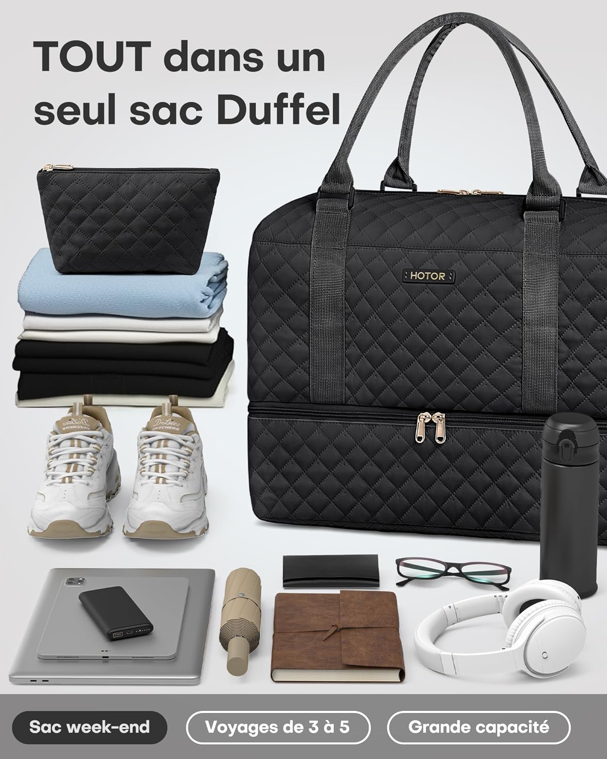 HOTOR Women&rsquo;s Travel Bag – Large Lightweight Travel Bag with Shoe Compartment, Practical Women&rsquo;s Tote Bag for Weekends and Travel, Black, Medium