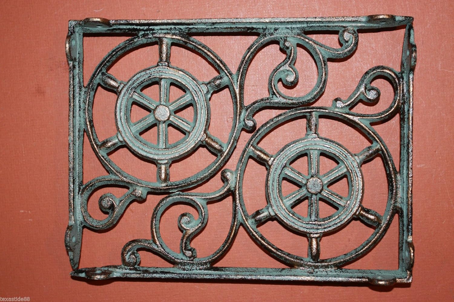 Antiqued-Look Nautical Window Decor, Decorative Ship's Wheel Cast Iron Window Corner Shelf Brackets, Bronze Look, 9" x 6 3/4",- Set of 2