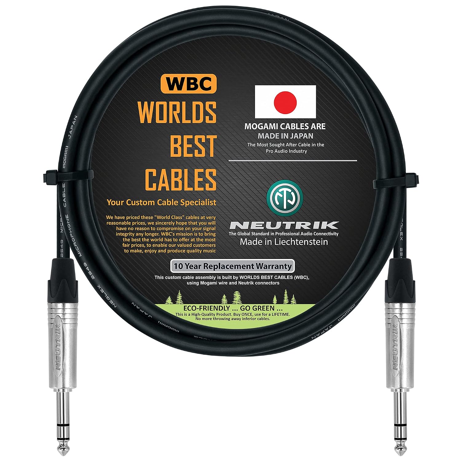 WORLDS BEST CABLES 3 Foot - Balanced TRS Patch Cable Custom Made Using Mogami 2549 (Black) Wire and Neutrik NP3X TRS Stereo Plugs