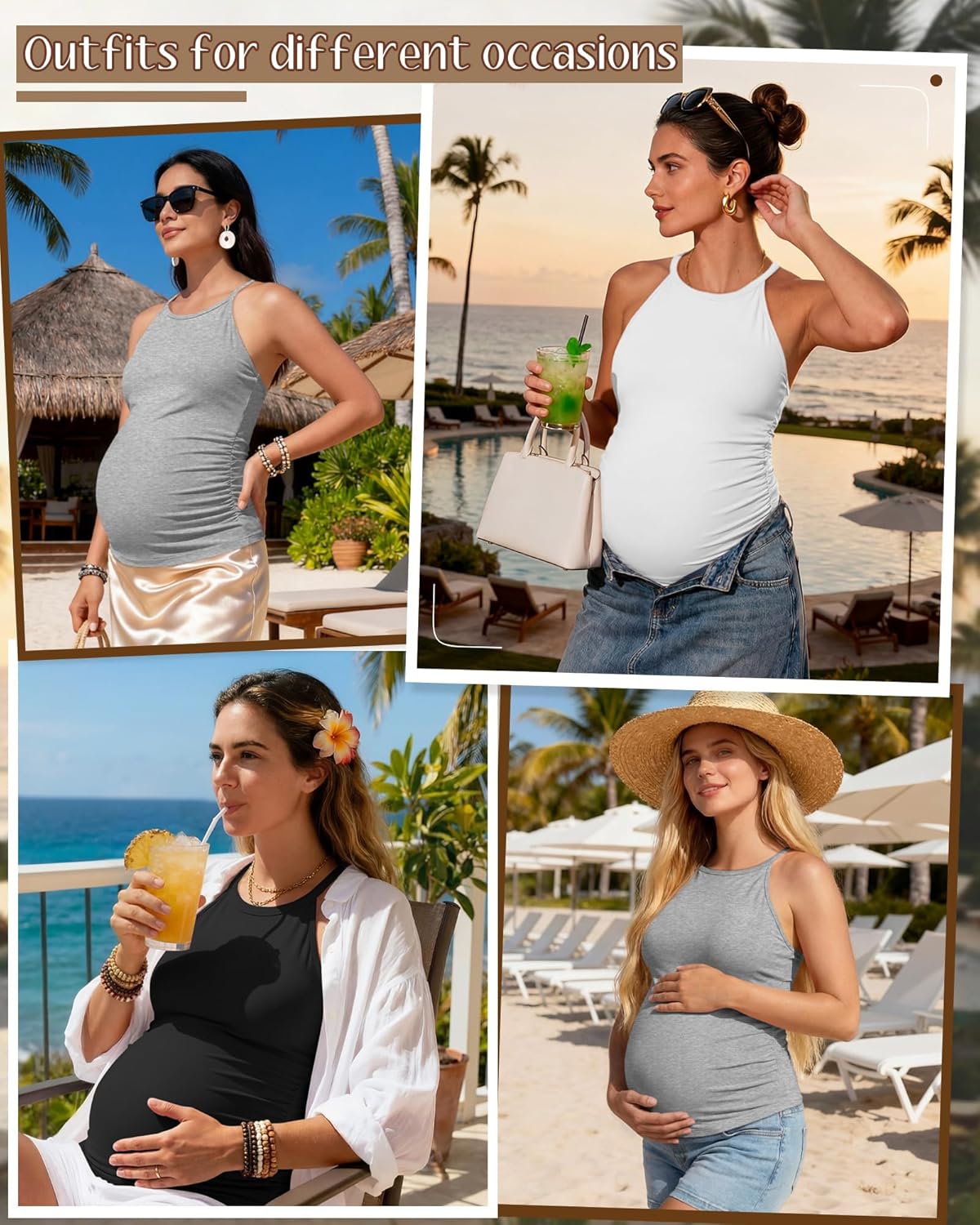 3 Pack Women's Maternity Tank Tops Halter Camisole Cotton Blend Side Ruched Sleeveless Summer Tops for Pregnancy