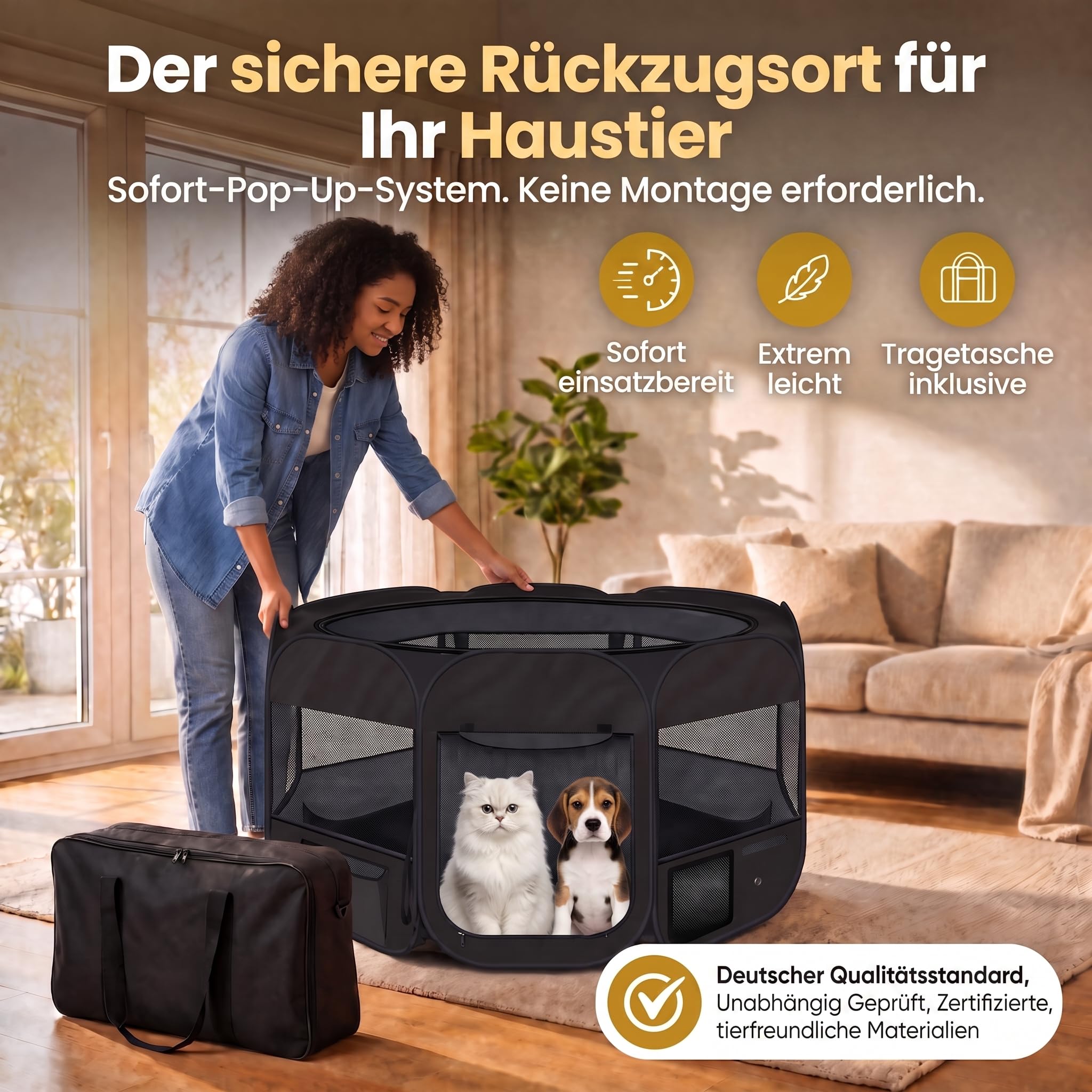 all Pets United® Welpenauslauf Indoor – XXL Laufstall für Hunde & Katzen | Faltbarer Freigehege-Laufstall für die Wohnung – Oxford-Gewebe, wasserfest, Pop-Up, 120 x 120 x 65 cm