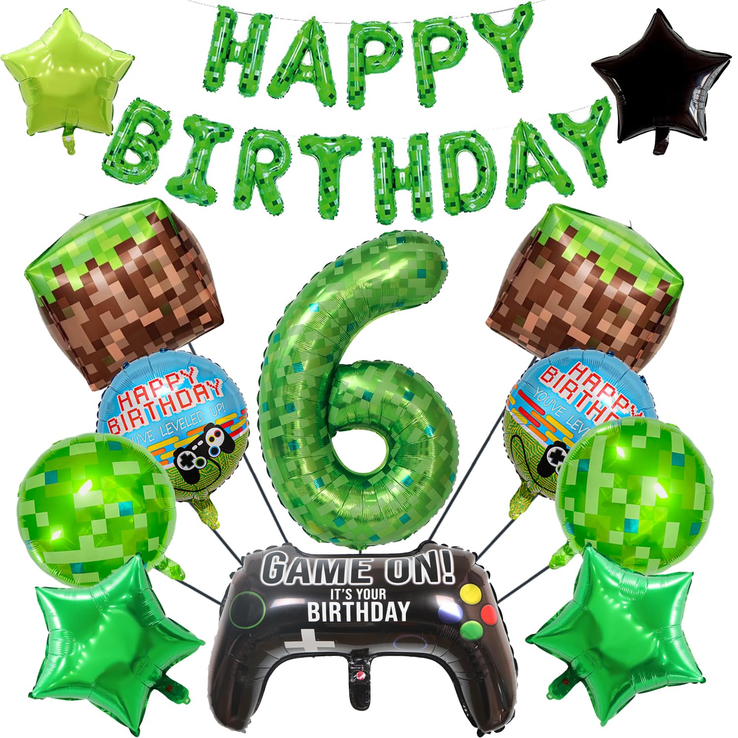 Finypa 25 Pieces Video Game Birthday Party Balloons Pixel Game Set with Happy Birthday Banner,40 Inch Number Foil Balloon, Grass Block Balloons,Gamepad Balloon for Kids Boys Gaming Party (6th)