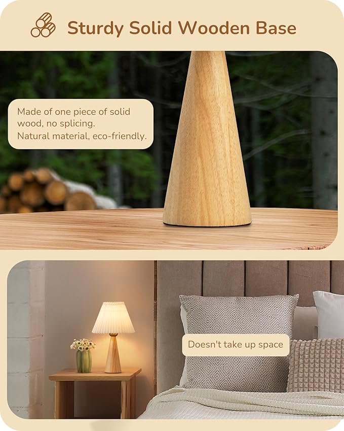EDISHINE EDISHINE 13.58" Small Table Lamp, Wooden Base Nightstand Lamp, White Pleated Lampshade, Space-Saving Modern Bedside Lamp for Nursery Kids Room Bedroom Living Room, E26, ON-Off Button, Burlywood Base photo 2