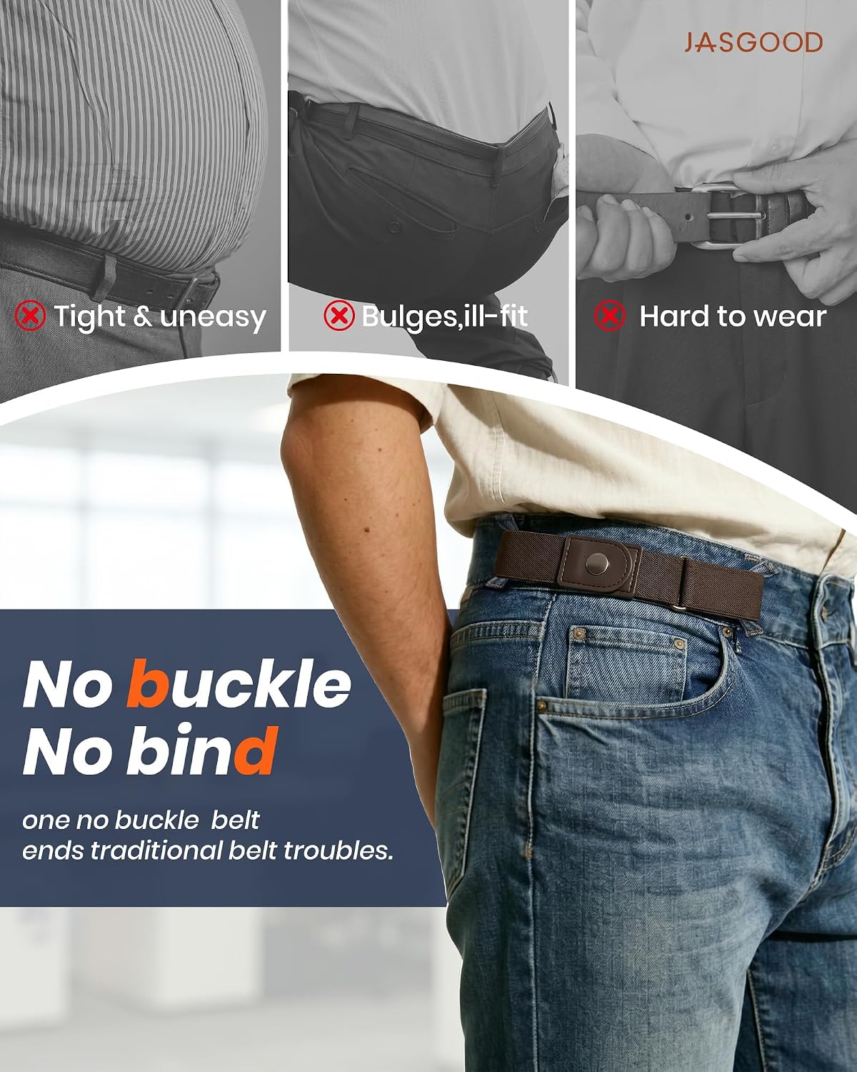 JASGOOD 4 Pack No Buckle Elastic Belt for Men, 2 Loop Invisible Side Belt Adjustable Belt without Buckle for Jeans Pants, Fits 2 loop distance: 4.8''-6''
