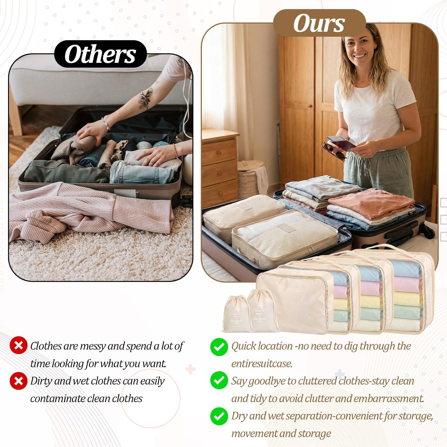 9 Set Packing Cubes Suitcase Organizers Various Sizes Packing Cubes for Travel Compression Suitcase Luggage Organizer Bags for Travel Accessories Women Men (Beige)
