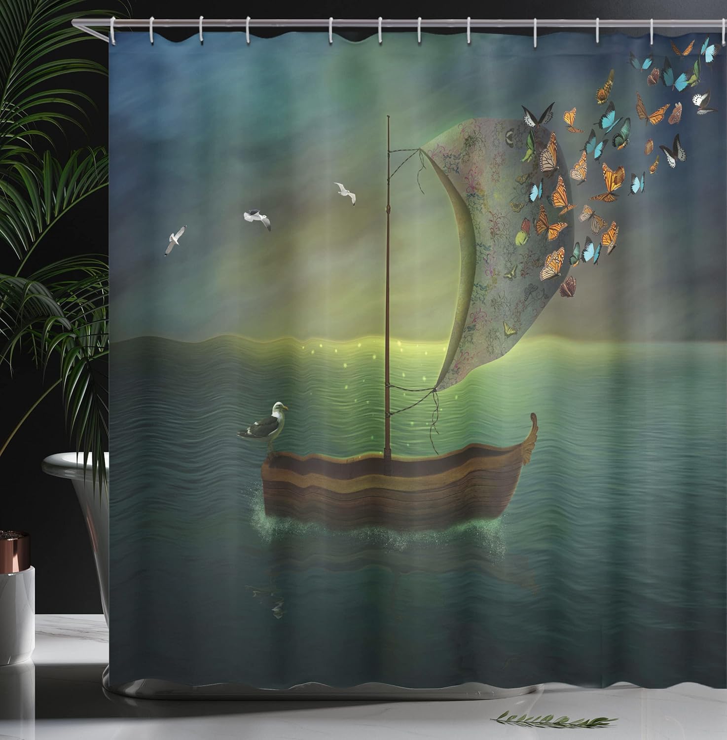 Ambesonne Marine Shower Curtain, Lonely Boat Sailing in a Calm Sea with Butterflies Colorful Nautical Illustration, Cloth Fabric Bathroom Decor Set with Hooks, 69" W x 70" L, Dark Teal