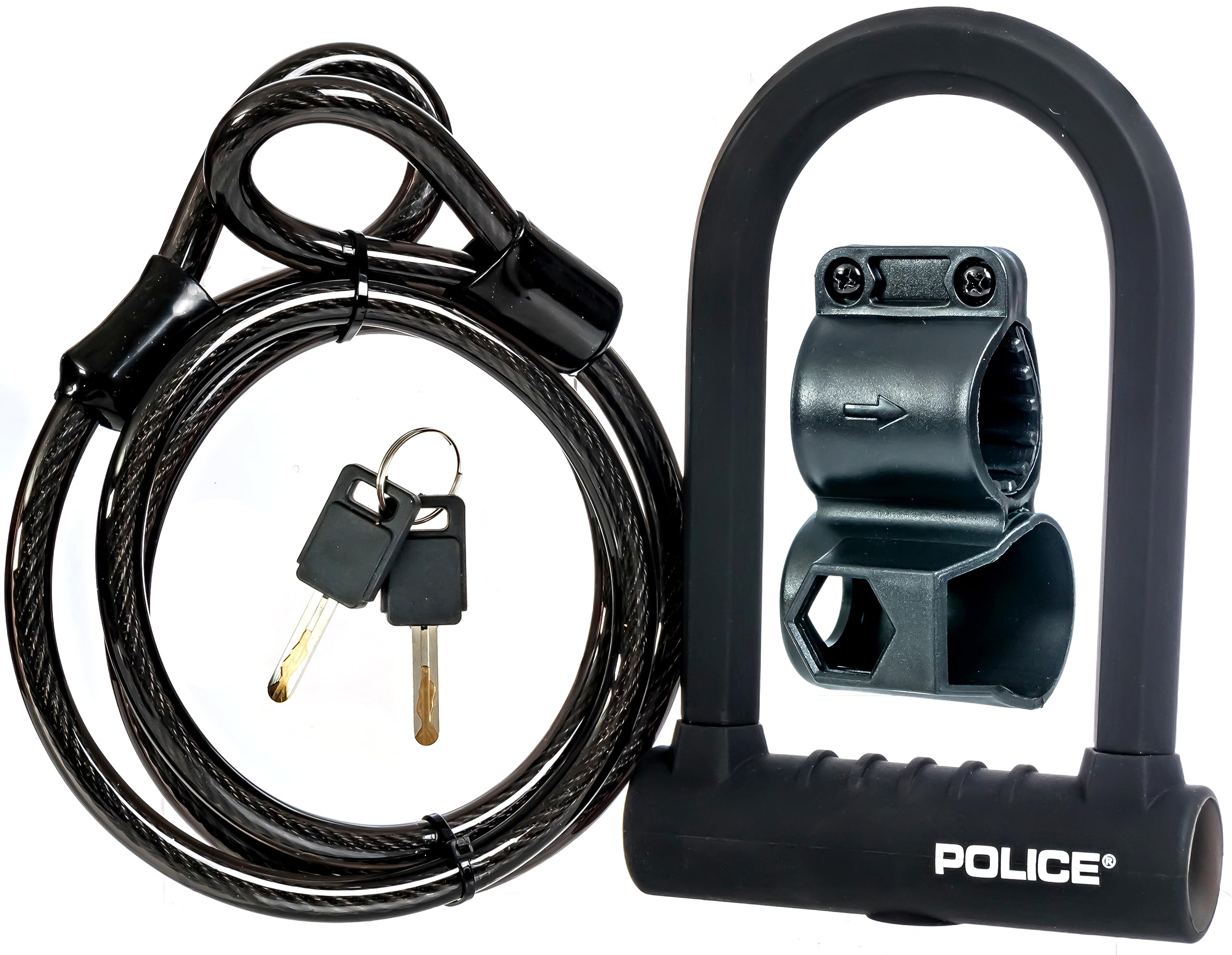 POLICE Candado de bicicleta con llave, candado en U para bicicletas, candado para scooters, equipo al aire libre, candado de bicicleta recubierto de silicona con cable, color negro