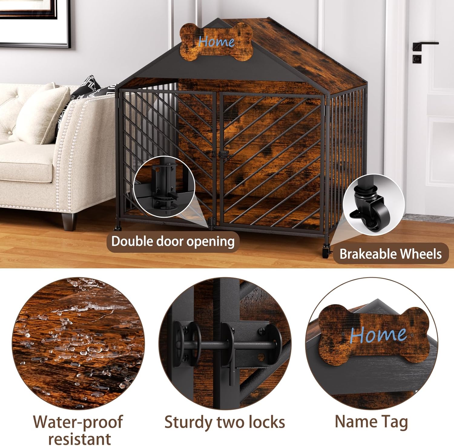 Furniture Dog Crate for Small & Medium Dogs, 32" Gable Roof Indoor Kennel with Double Locking Doors, Escape Proof Chew Proof Metal Dog Cage, Heavy Duty Wood-Style Crate for Home Decor, Rustic Brown