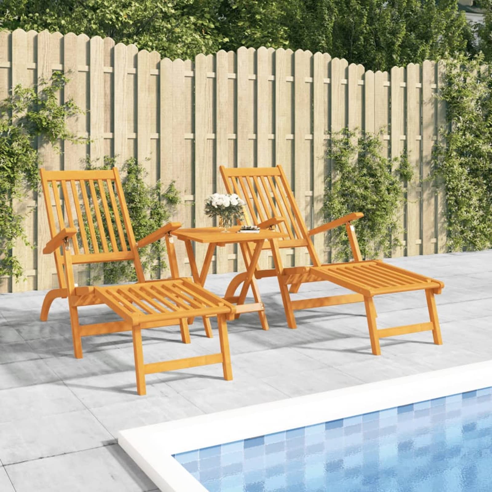 Homgoday Chaises Longues d'extérieur Repose-Pieds et Table Acacia Solide, Bain de Soleil de Jardin Dossier Réglable, Lit de Camping Transat de Relax pour Plage, Extérieur, Balcon, Terrasse