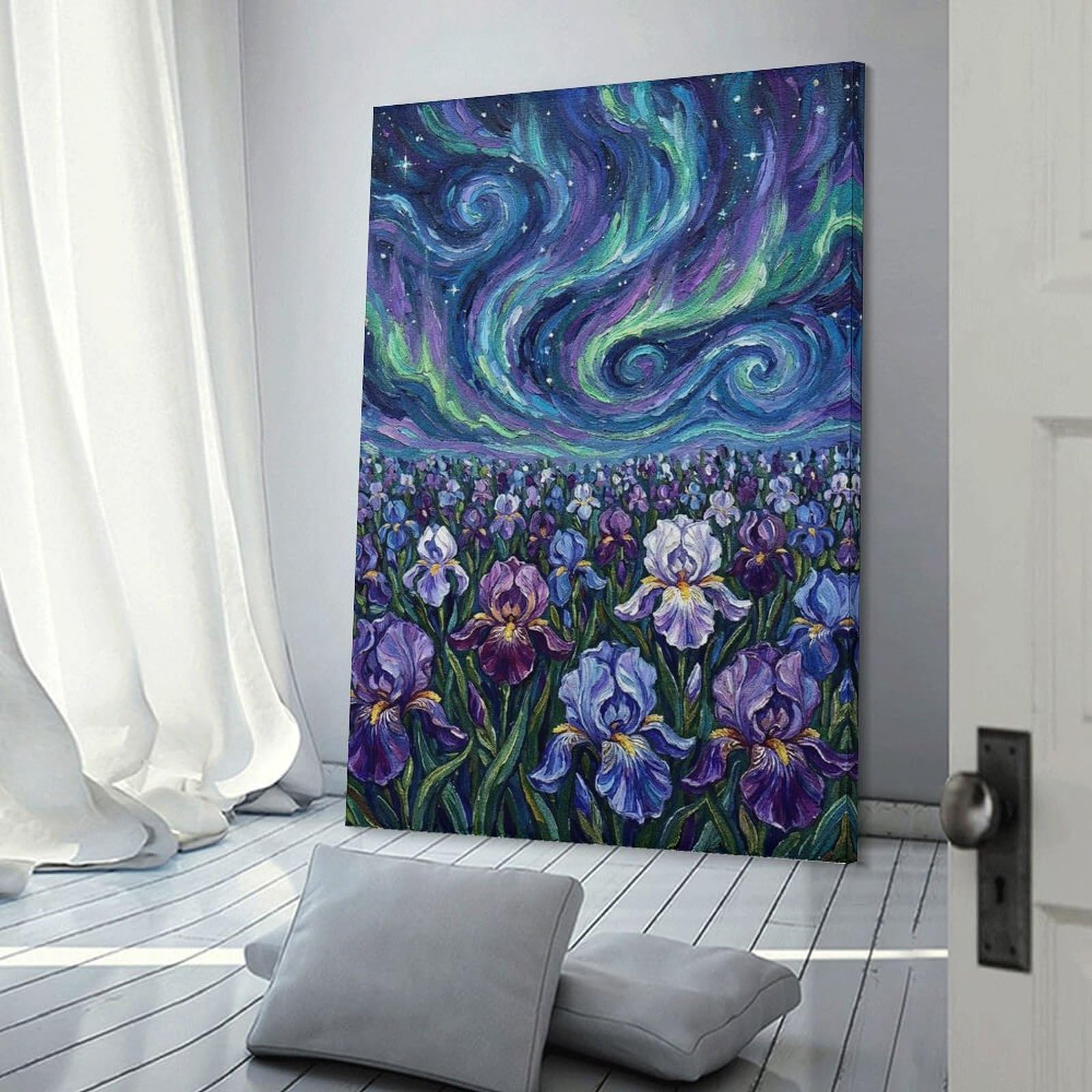 Junmoney Irises Under The Northern Lights Painting Hanging Wall Art, 20x30inch(50x75cm), for Home Walls, Creative Rooms Or Shared Spaces, A Flexible Wall Accent for Shared Spaces