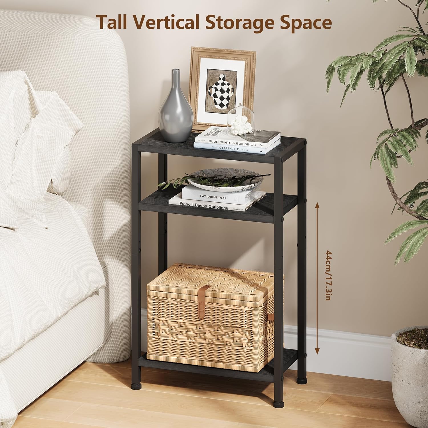 Heybly Small Narrow Side Table for Small Space, Thin Bedside Table, Skinny End Table, Slim Sofa Table, 26.4" Tall Nightstand, Couch Table for Living Room, Bedroom, Study, Balcony, Black, HET006BK1