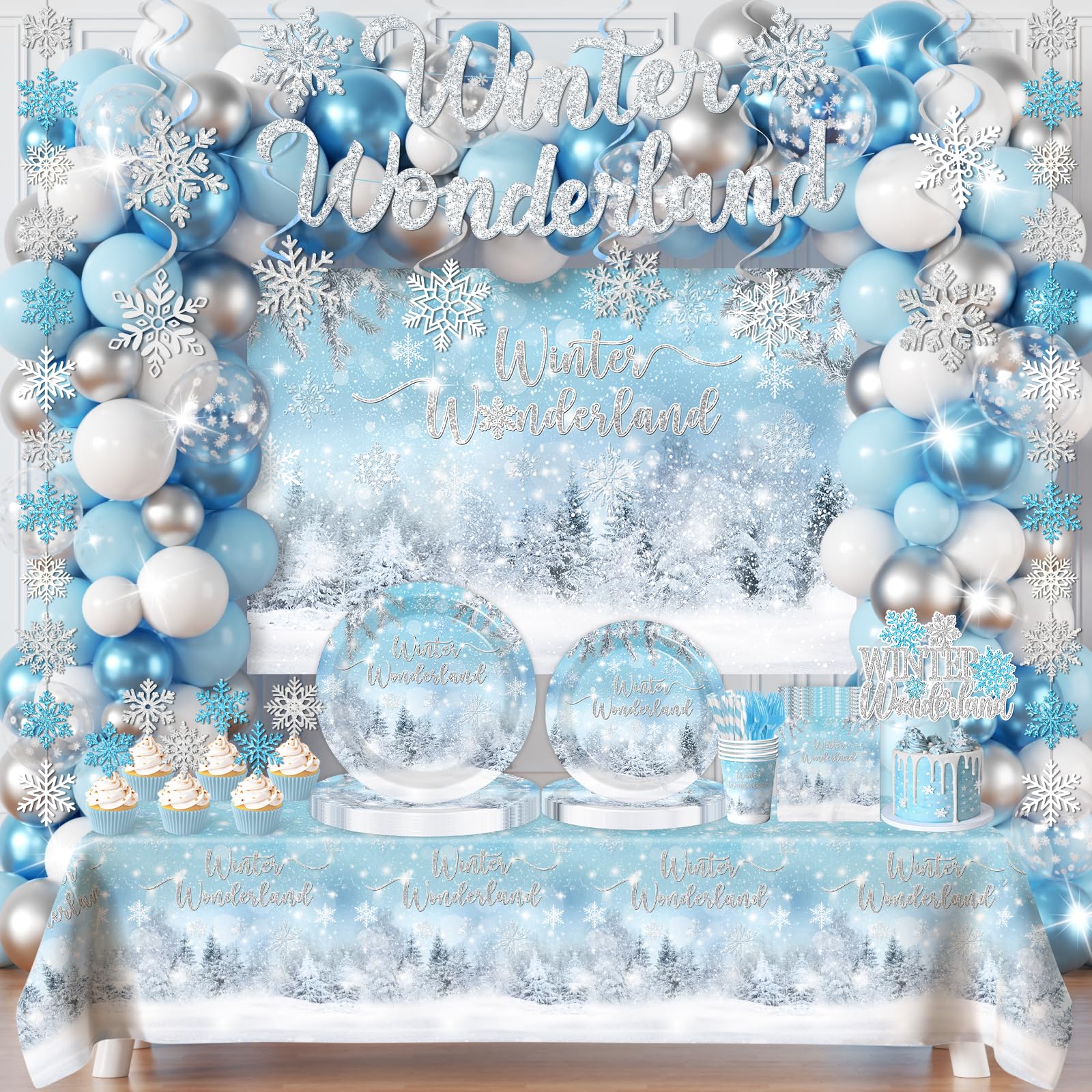 Winter Wonderland Decorations,280pcs Winter Wonderland Christmas Decorations Gitter Set include Snowflake Backdrop,Silver White Glittery Banners,Confetti Balloons for Christmas Party Supplies
