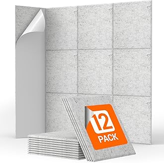 12 Pack Sound Proofing Panels Self-adhesive, TONOR 30x30x0,9cm Square Acoustic Absorbing Panels for Wall, High Density Insulation Soundproofing Panels for Podcast Studio, Living Room, Light Gray