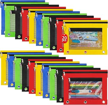 IKAYAS 20 Pack Pencil Pouch for 3 Ring Binder with Zipper, 5 Colors