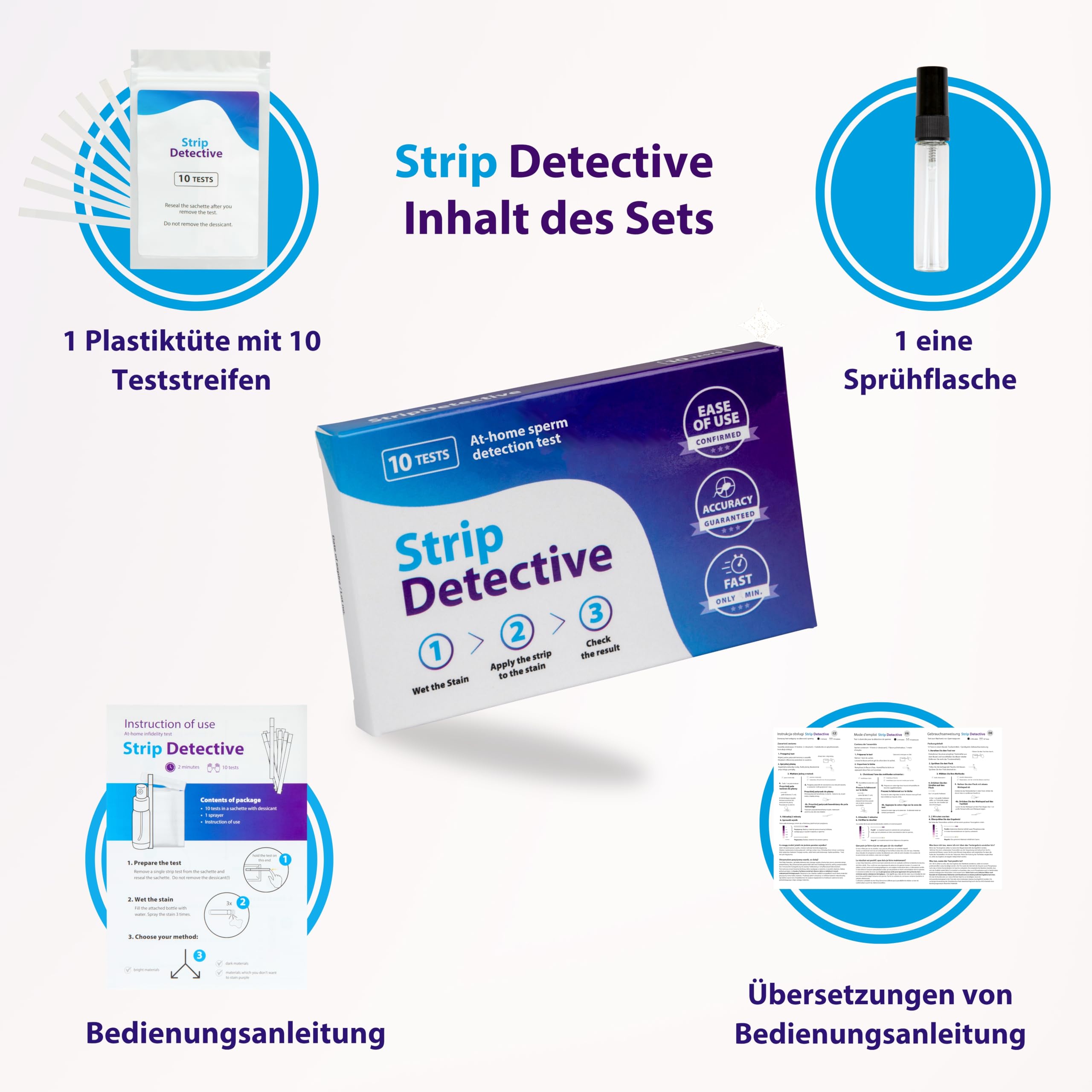 Home Verratstest – Spermanachweis-Heimtest, 10 Teststreifen + Sprühflasche – Ergebnis in 2 Min – Nachweis saurer Phosphatase auf Textilien & Oberflächen – diskret & einfach