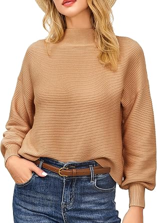 KOOCHY Women Sweater Cowl Neck Long Lantern Sleeve Puffy Casual Loose Ribbed Knit Solid Soft Pullover Sweater Jumper Tops