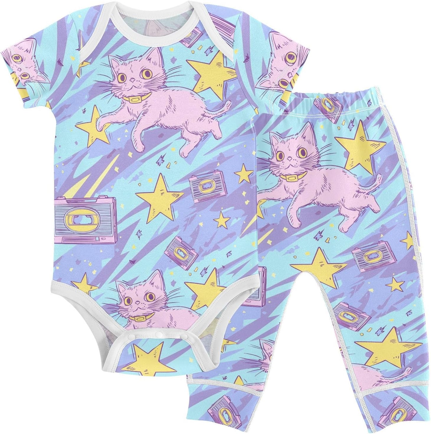 vvfelixl Baby Clothes Pink Cat Stars Retro Baby Bodysuits Set Unisex Short Sleeve Babys Pants Sets 0-3M