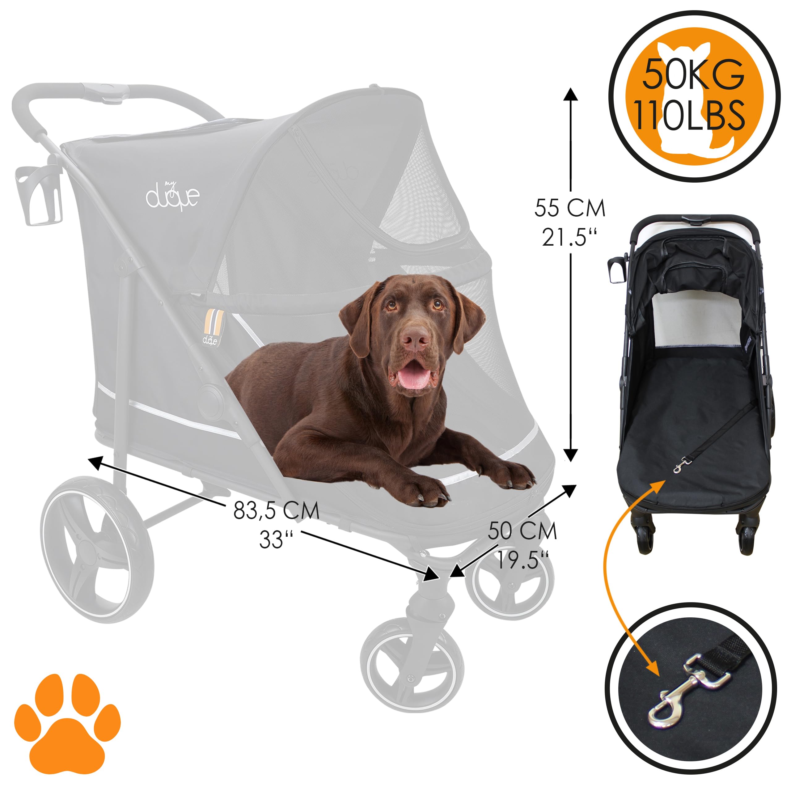 Hundebuggy Hundewagen CHAMP – XL Buggy große Hunde, geräumig, Tierwagen, Haustierwagen, Katze, Hund, Zusammenfalten, inkl. Regencover, Getränkehalter, Stauraum, max. Last 50kg/110lb, Grau