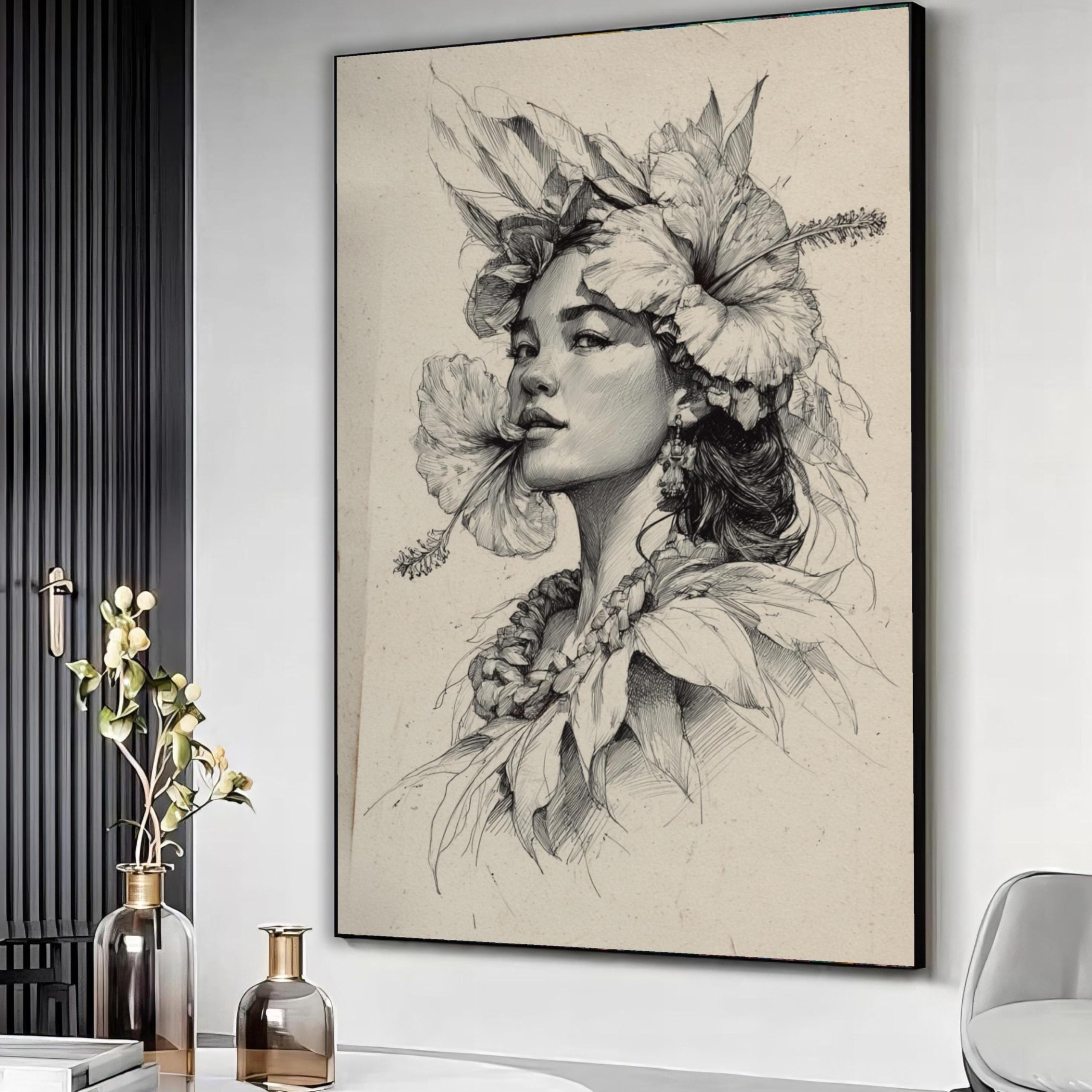XBTYKPB Woman Portrait Canvas, Floral Painting Art, Hibiscus Flower Sketch, Ethnic Wall Decor, Botanical Line Drawing Canvas(21x30cm/Frameless)