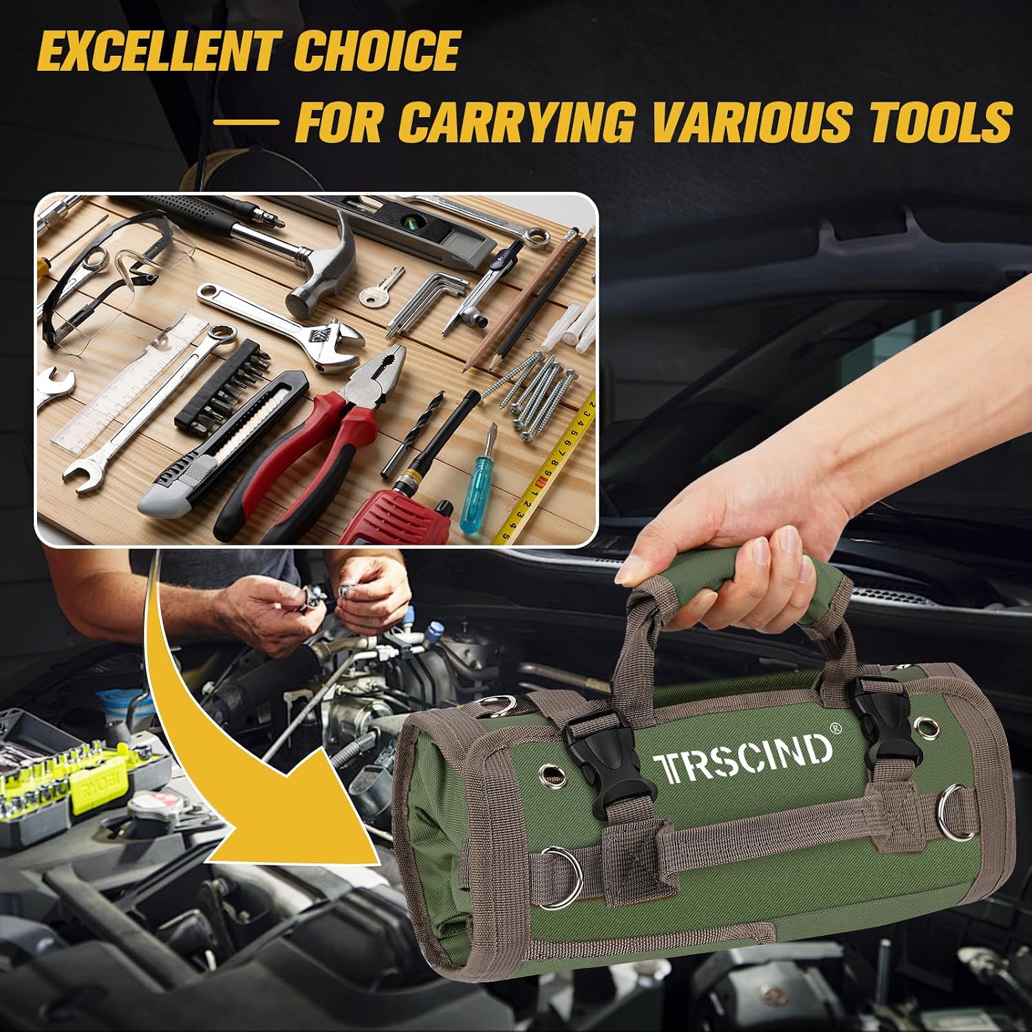 Tool Bag, Roll Up Bag, Tool Organizer with Detachable Pouches and Wrench Roll, Heavy Duty Tool Pouch, Gifts for Men Dad Fathers Day, Portable Tool Box for Motorcycle, Car, Electrician, Mechanic（Green）