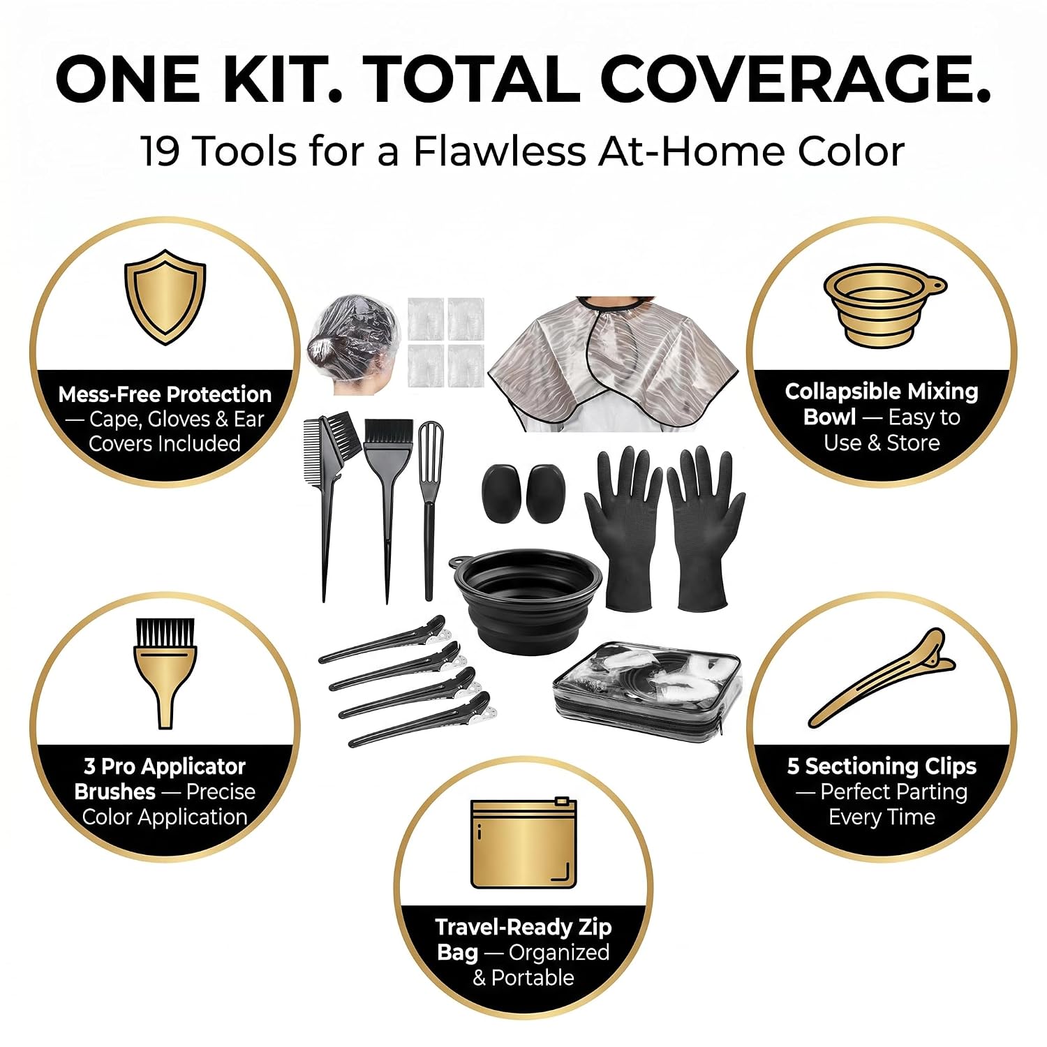 Hair Bleach Kit 19 Pcs (Pack of 1) – hair dye brush color bowl bleach kit fox set comb – hair color coloring applicator dying para cabello – bleaching applicator supply tinte de balayage