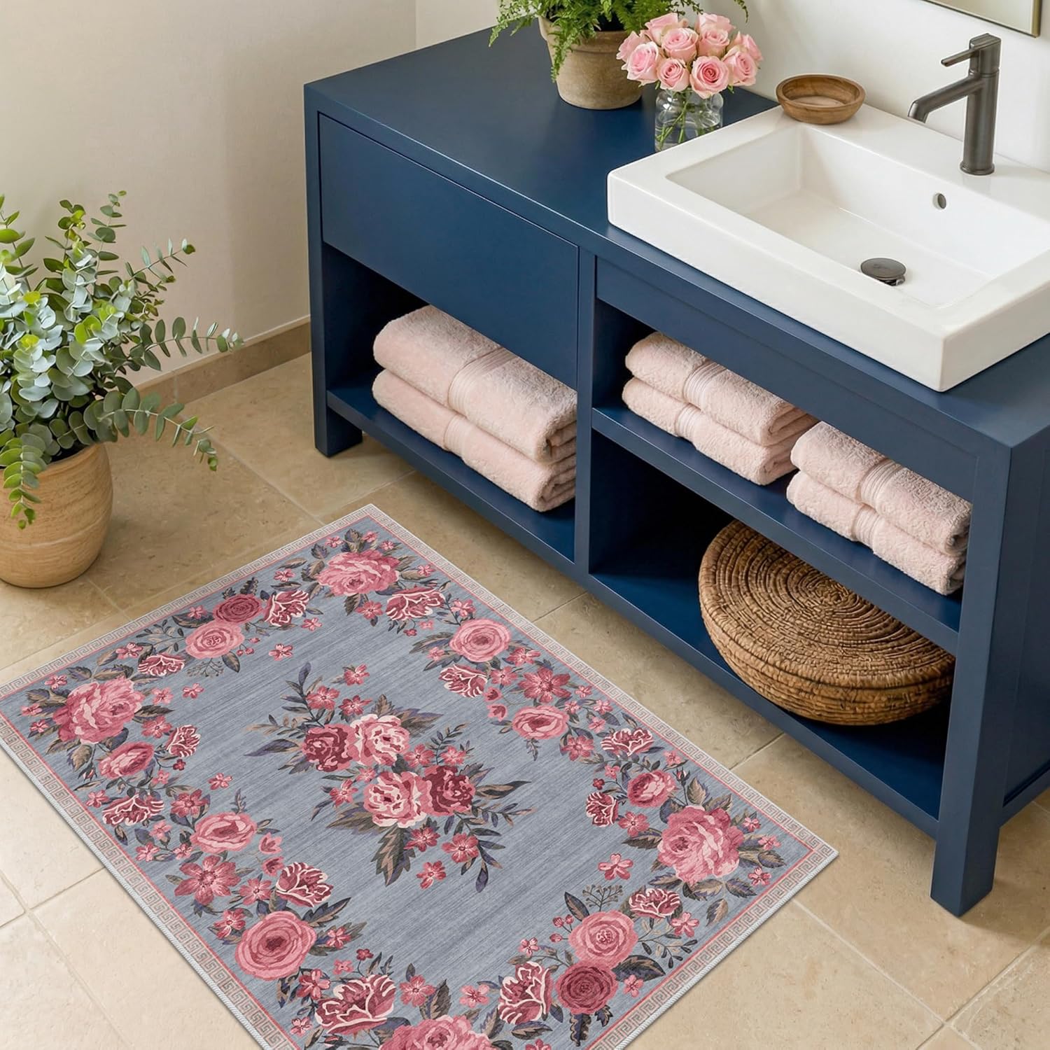 Washable Non Slip 2x3 Small Entryway Rug, Dusty Blue Pink Spring Kitchen Rugs - Rose Floral Border Entry Indoor Door Mat, Stain Resistant Low Pile Vintage Farmhouse Throw Carpet for Bathroom Bedroom
