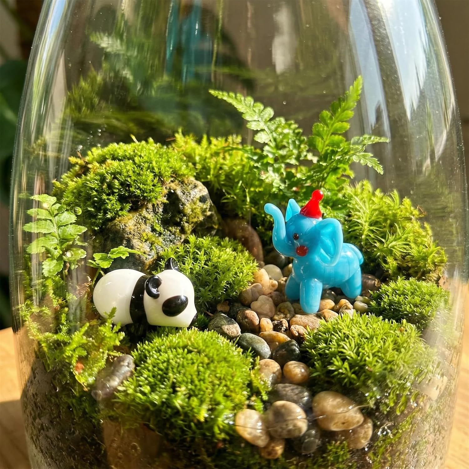 Glass Animal Figurines, Hand Blown Art Collectibles, Home Office Desk Decor, Set of 2 Micro Landscape (Little Blue Elephant and Panda) image 5