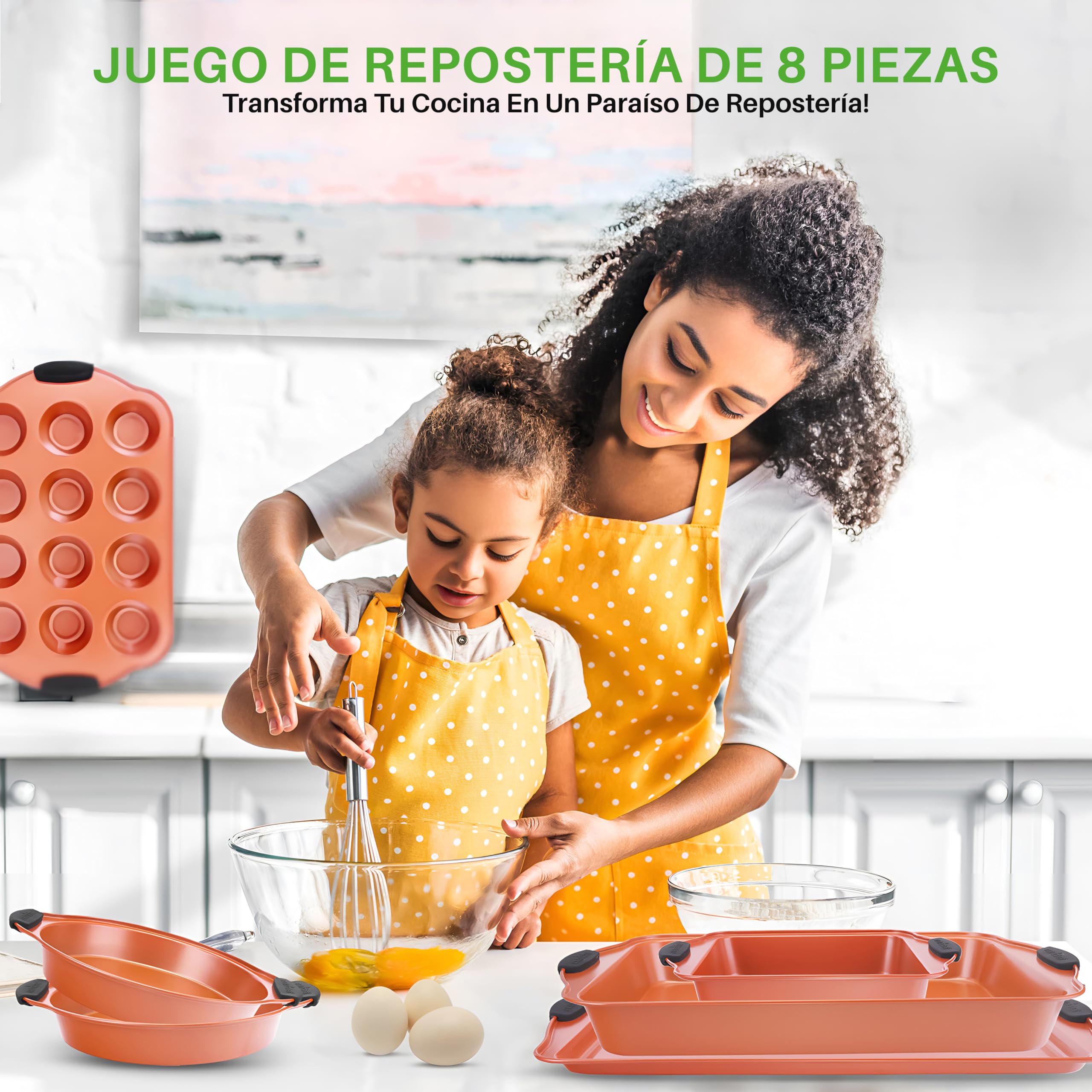 Nutrichef juego de 8 moldes, Utensilios horno, Baking set, Reposteria, Antiadherentes, Libres de PFOA, PFOS, PFTEE, Aptos para hornos hasta 230°C (450°F), Mangos de silicona
