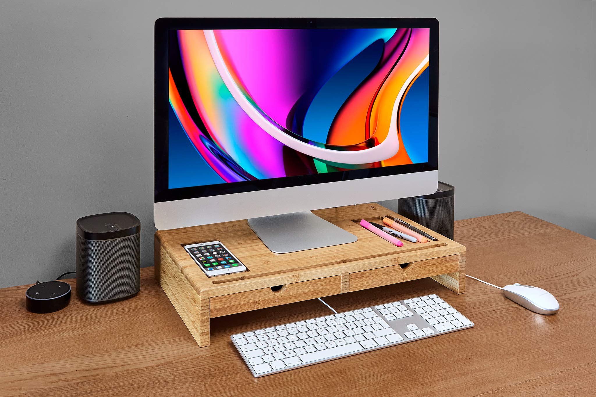 TickleBrick Bamboo Monitor Stand and Desk Organiser with 2 drawers