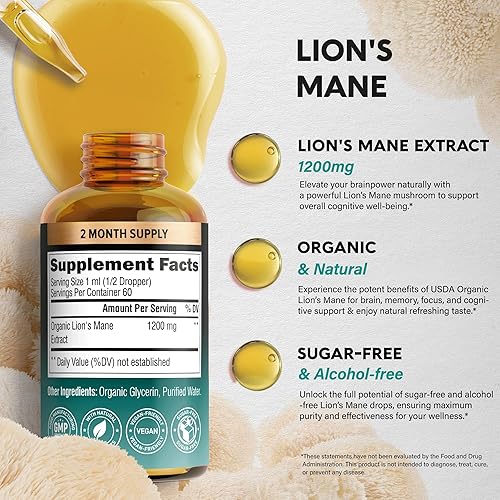 Miniatura 5 de Lions Mane Liquid  Suplemento orgánico de melena de león certificado por USDA  Apoyo cerebral, energía, memoria y enfoque  Extracto de hongo melena