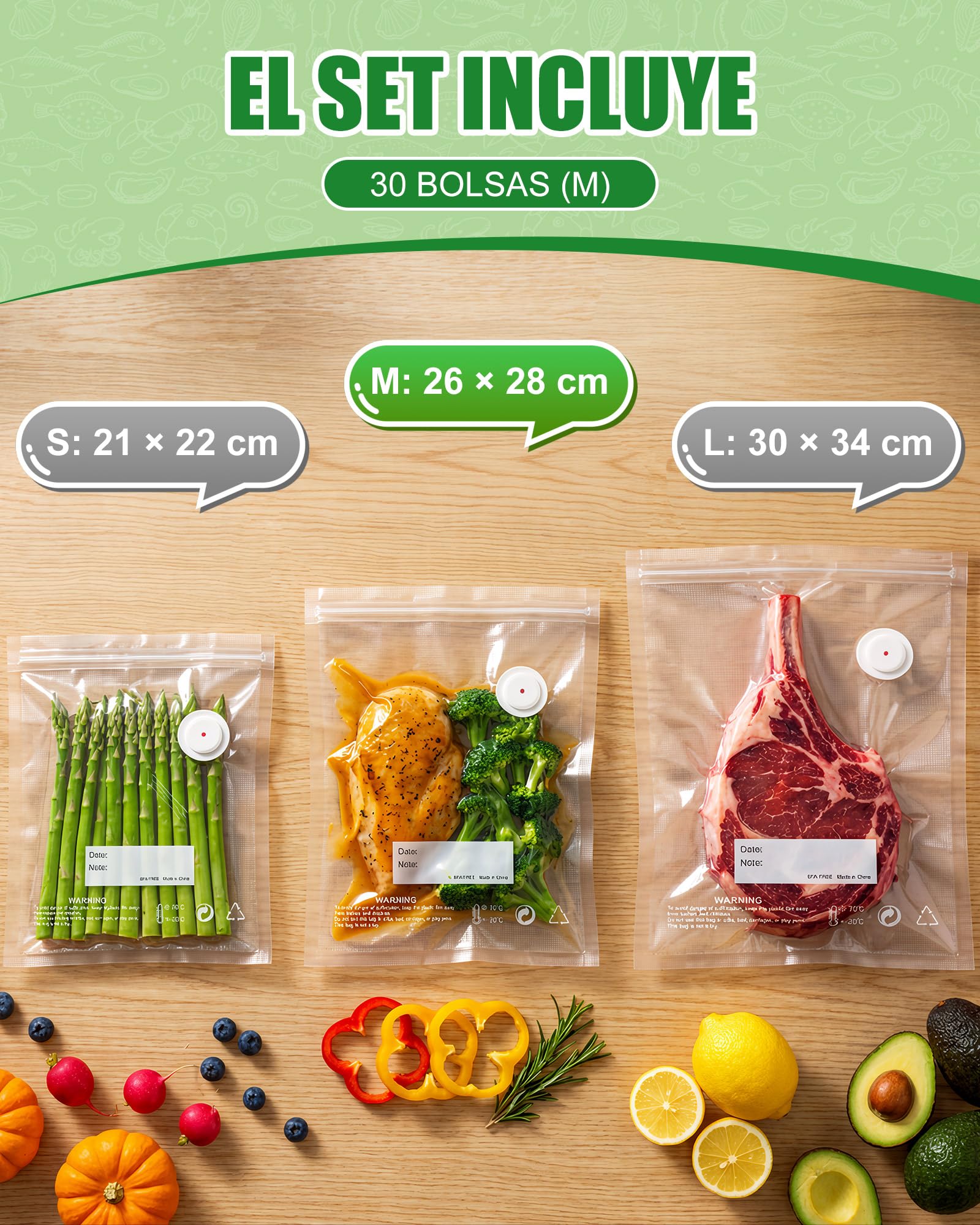 Babacom 30PCS Bolsas Vacio Alimentos Reutilizables para Envasadora al Vacío con Válvula de Aire y 10 Pinzas–Mediano (26x28cm), sin BPA,Mantienen Frescura para Congelador,Microondas y Cocción Sous Vide