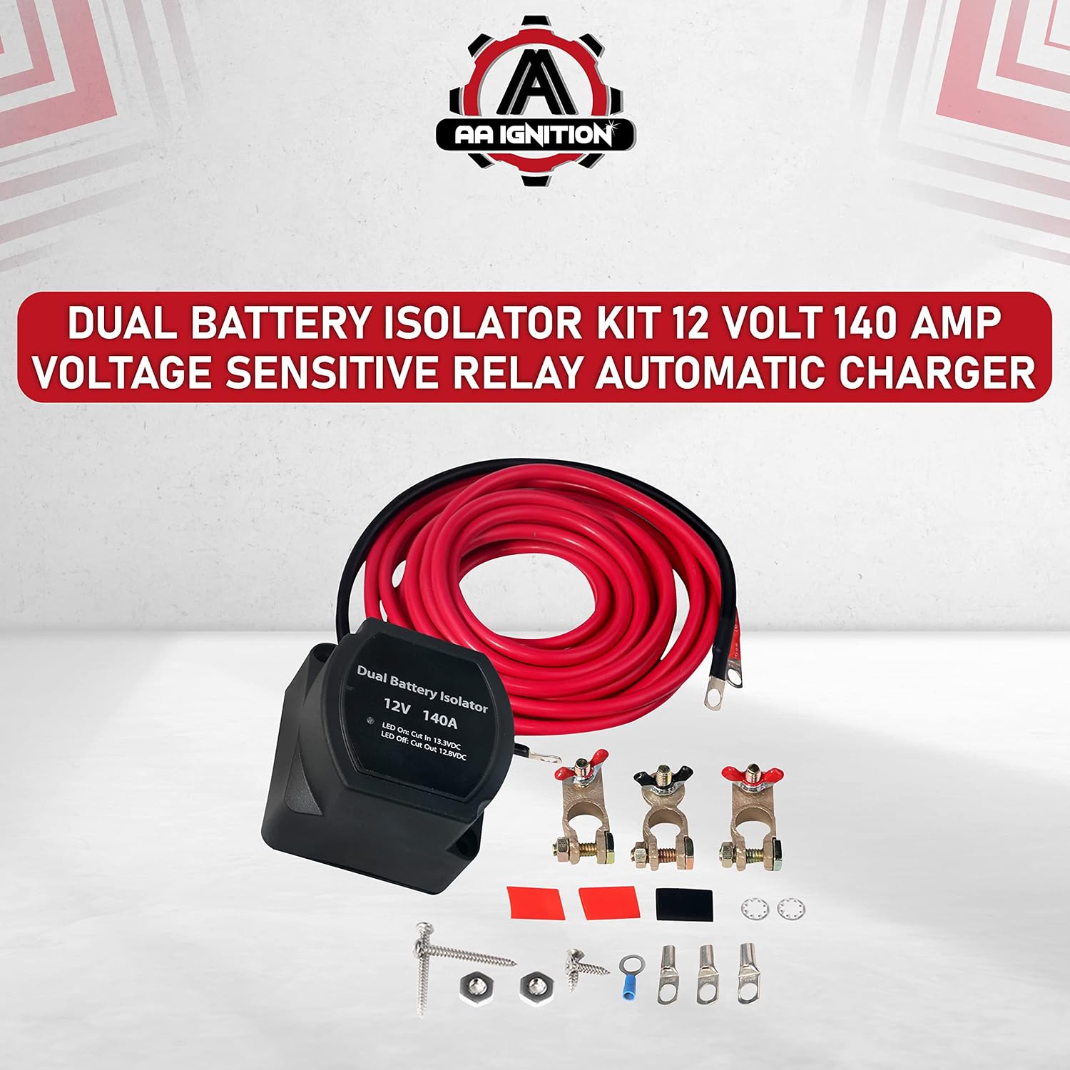 Dual Battery Isolator Kit - 12 Volt 140 Amp Voltage Sensitive Relay - Complete VSR Double Battery Automatic Charger - Fits Trucks, ATV, SUV, UTV Boats and more - Safe, Water and Vibration Resistant