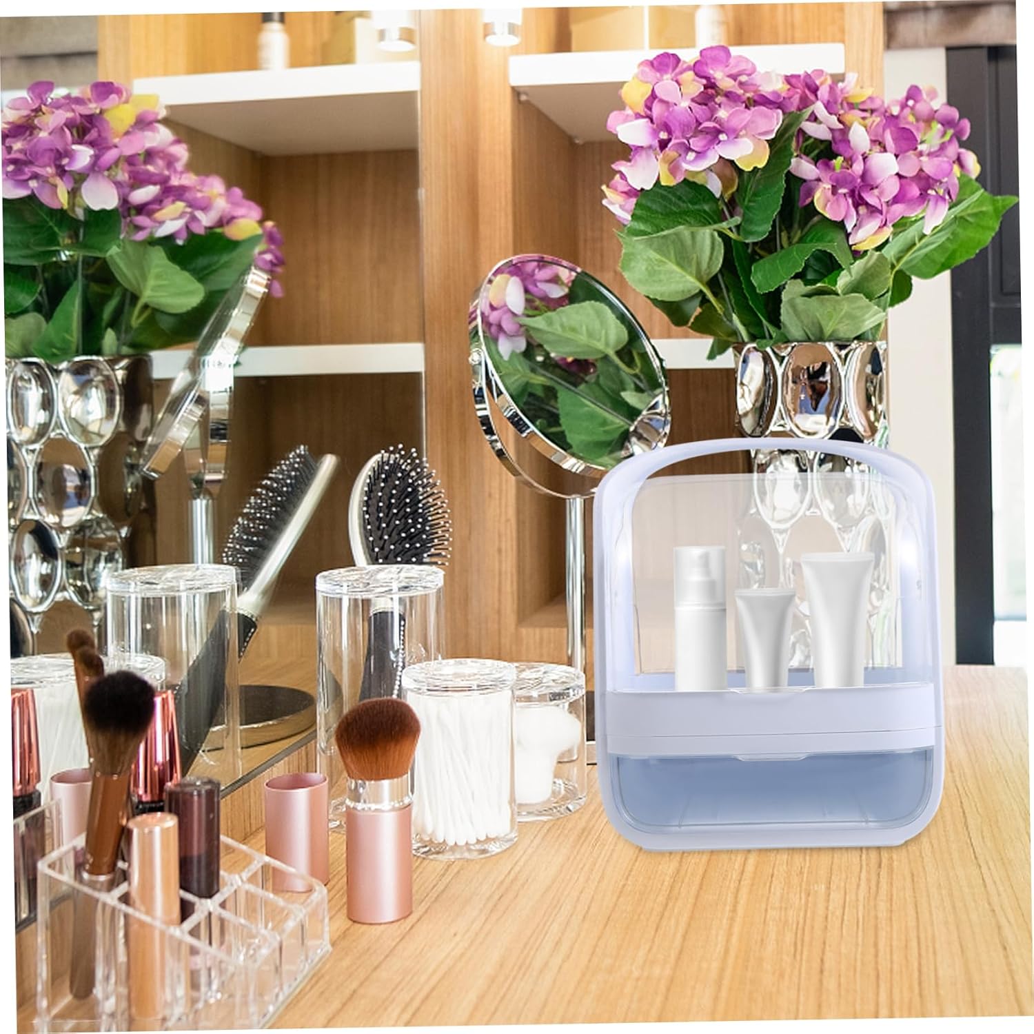 Makeup Organizer Box Lid Large Capacity Cosmetic Storage for Bedroom and Bathroom Skincare Display Case for Vanity and Dorm Use