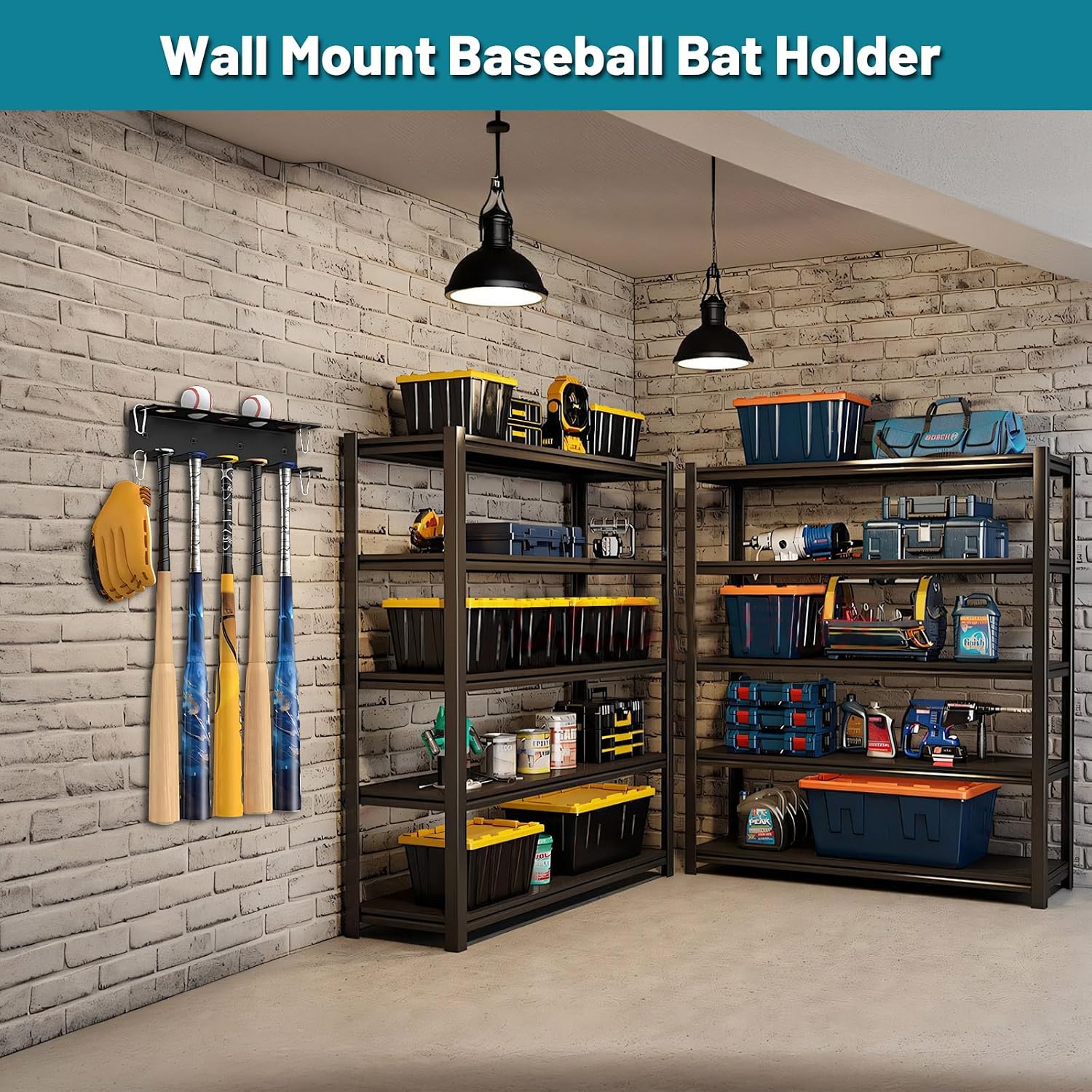 Baseball Bat Holder Wall Mount for 5 Bats & Baseballs Organizer | Heavy Duty Metal Bat Storage Hanger for Wall or Dugout Fence, With 4 Buckles, Sports Equipment Organizer for Home Garage