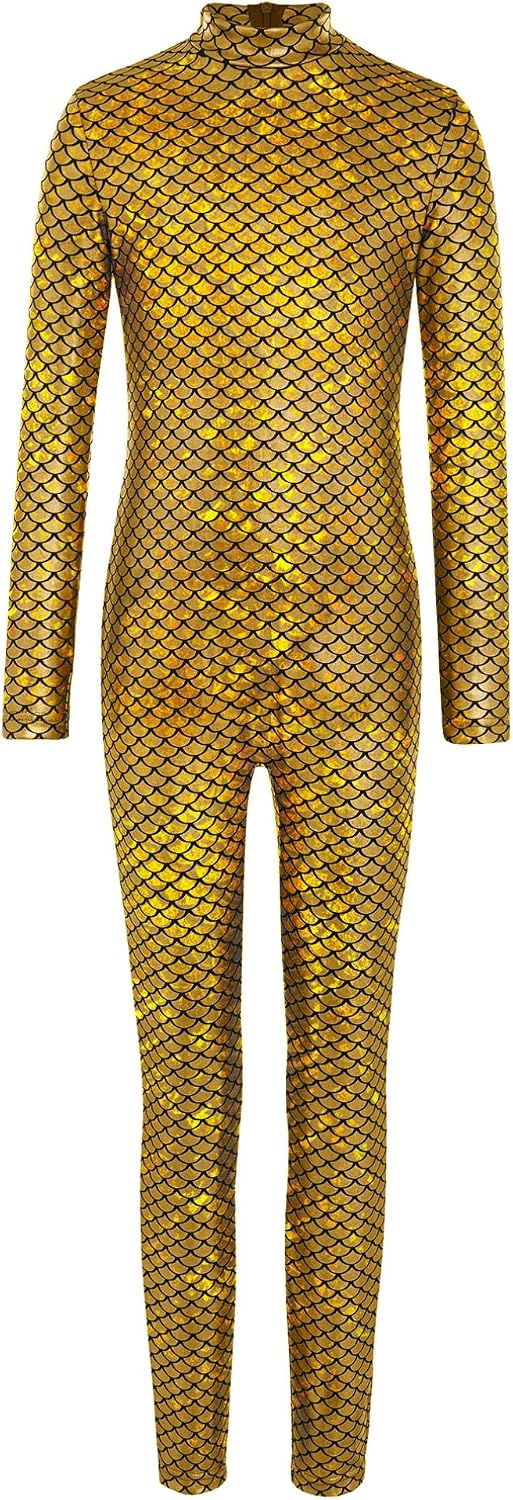 ranrann Kids Girls Metallic Fish Scale Unitard Long Sleeve Gymnastics Dance One Piece Full Body Skating Catsuit