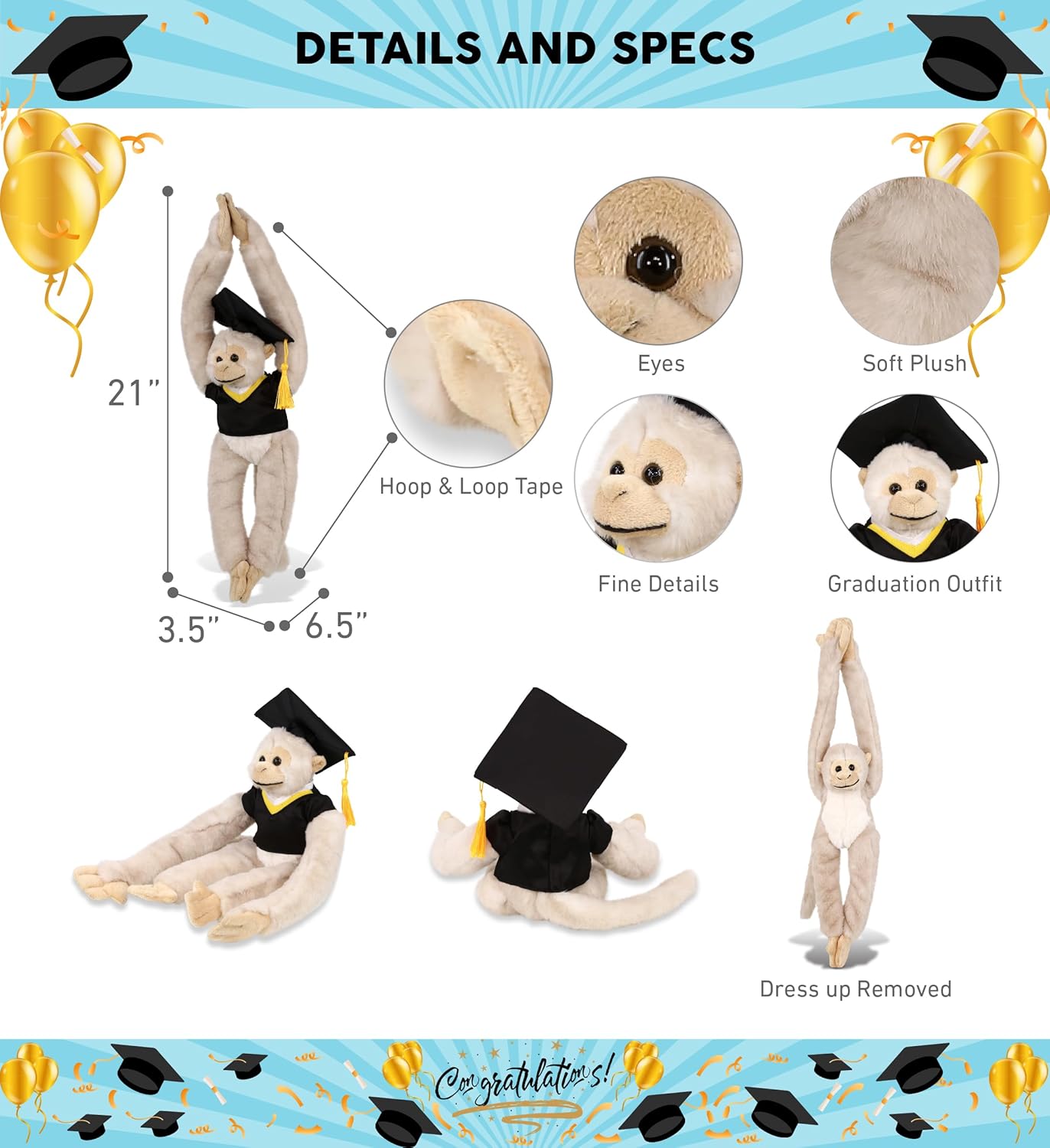 DolliBu Long Arm Hanging White Squirrel Monkey Graduation Plush Toy - Soft Graduation Stuffed Animal Dress Up Gown and Cap with Tassel - Gift with Personalization - 21 Inches