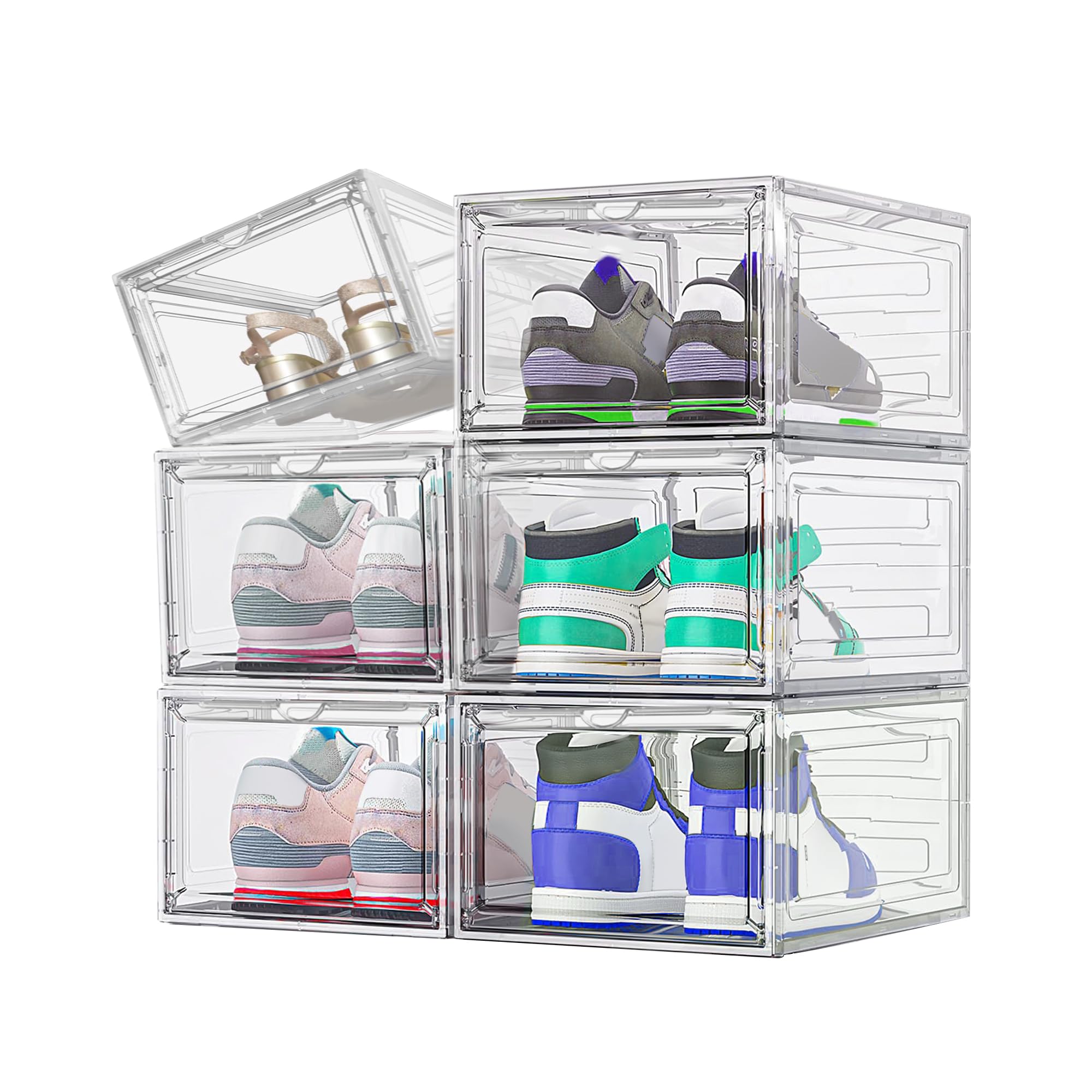 Lacusmall Shoe Box with Magnetic Lids, 6 pcs Shoe Storage Boxes Plastic Stackable, Shoe Organizer Containers with Lids for Women/Men