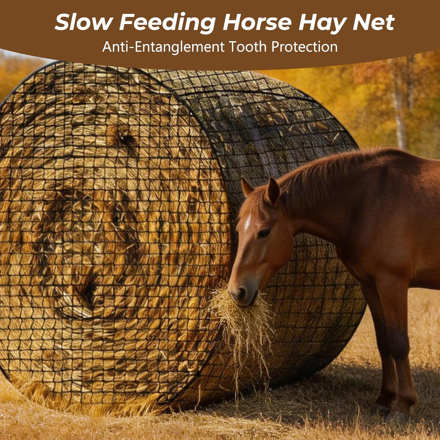 Round Bale Hay Net, 4x4 FT Heavy Duty Hay Net Slow Feeder for Horses Cattle Goats Sheep, Round Bale Polyester Pasture Stable 1.7" Hloes Design Hay Saver Durable