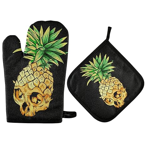 Skull Pineapple Oven Mitts & Pot Holders Set Kitchen Decor Summer Tropical Fruit Heat Resistant Gloves and PotHolders Pad 2Pcs Recycled Microwave Gloves for Baking Cooking Grilling BBQ Home Decoratio