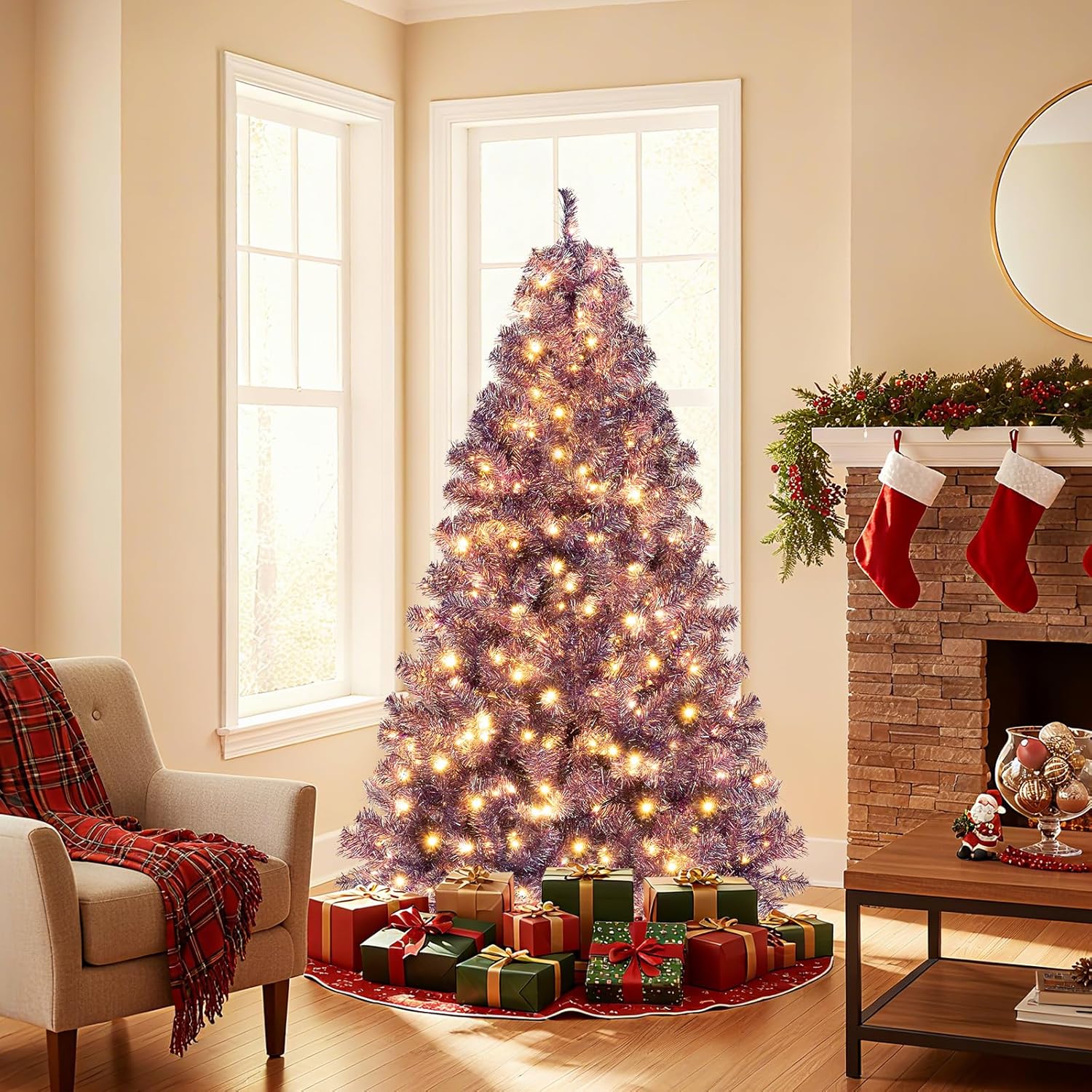 HAPPYGRILL 6 FT Pre-lit Tinsel Christmas Tree Artificial Xmas Tree with 250 LED Lights, 8 Modes, 688 Deep Purple Branch Tips, Folding Metal Stand, Seasonal Holiday Tree for Home Office Party