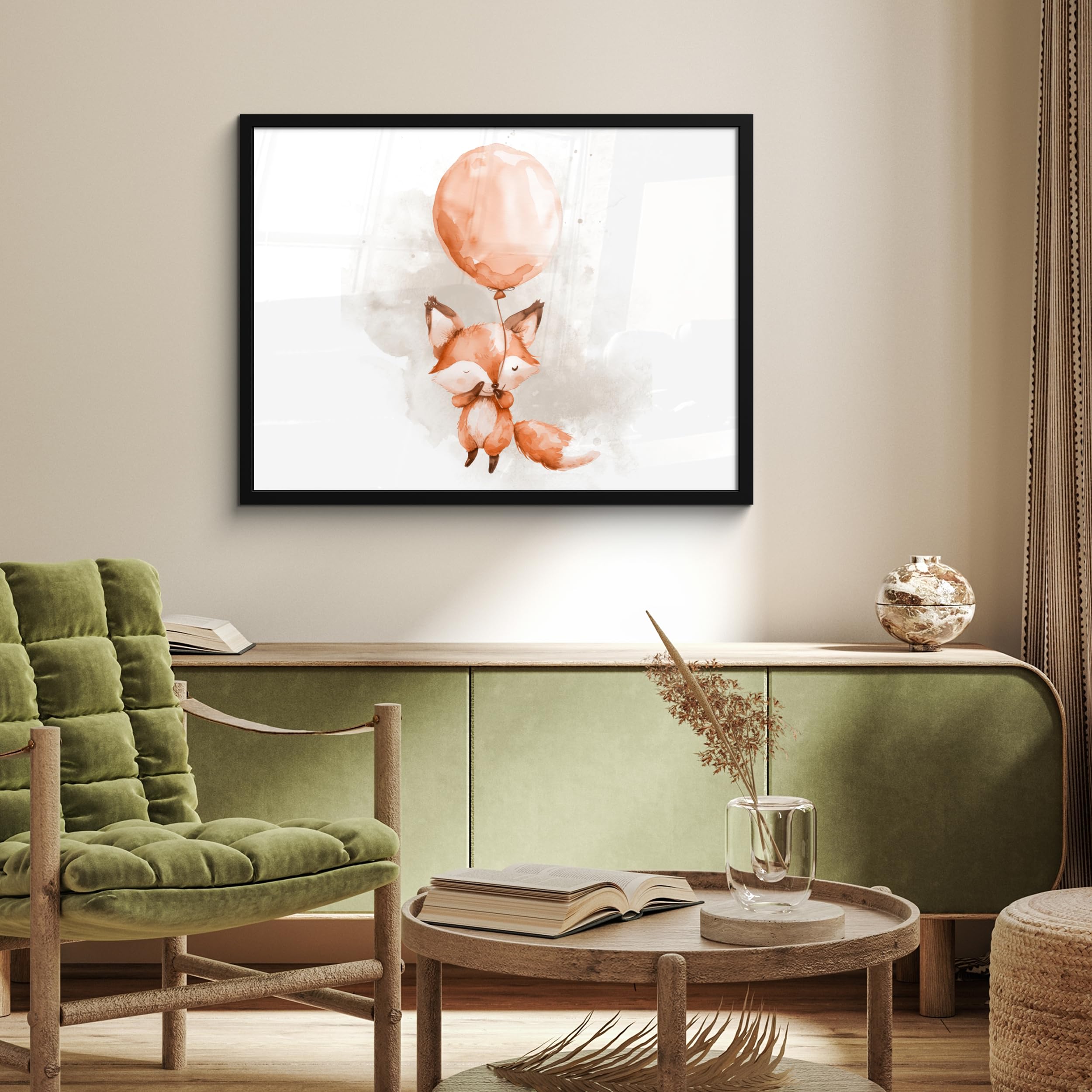 MuchoWow© Bilder mit Rahmen 80x60 cm Poster Wanddekoration Wohnzimmer Deko Modern Geschenke Bilderrahmen Fuchs - Luftballon - Aquarell - Kinder - Mädchen