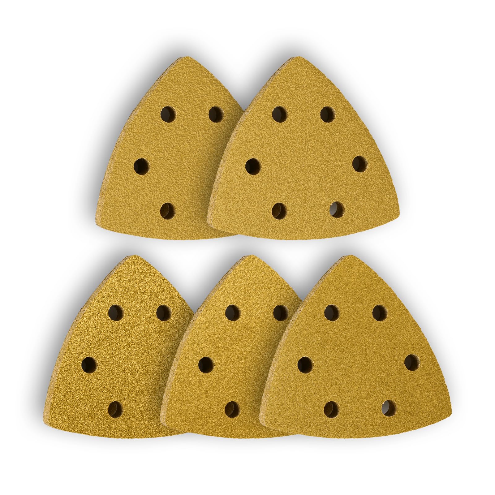 PMIQSA 50 PCS Triangle Sanding Pads 60/80/120/180/240 Grits Hook and Loop Sander Pads 93 x 93 x 93mm Durable Dust-Free 6-Holes Sander Sandpaper for Grinding and Polishing Wood Metal