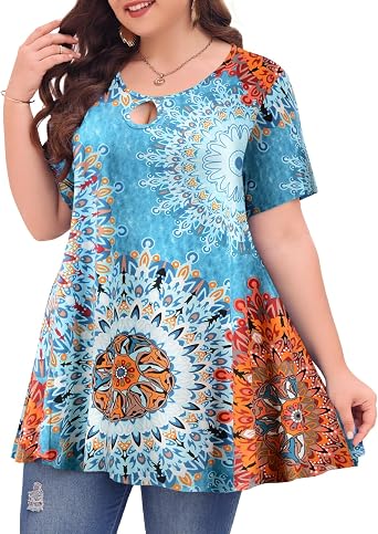 Womens Plus Size Keyhole Short Sleeve Tops Summer Sexy Swing Tunics Casual Loose Flowy Shirts