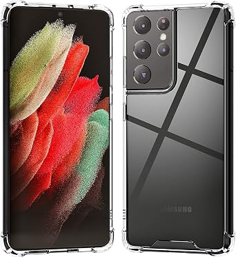 KIOMY Clear Case for Samsung Galaxy S21 Ultra 5G Hybrid Design Shockproof Bumper Protective Cell Phone Back Cover Hard PC Back + Flexible TPU Raised Bezel with Airbags Corners